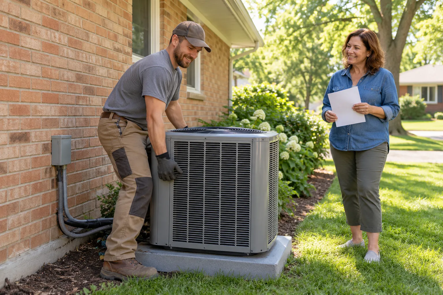A friendly provider installing a new outdoor air conditioner beside a the Akron area family home