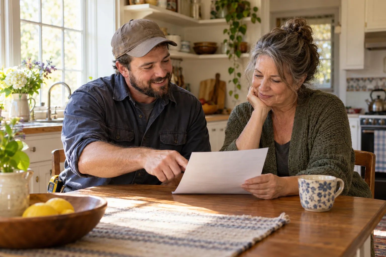 An HVAC provider reviewing a written estimate with a homeowner at a kitchen table