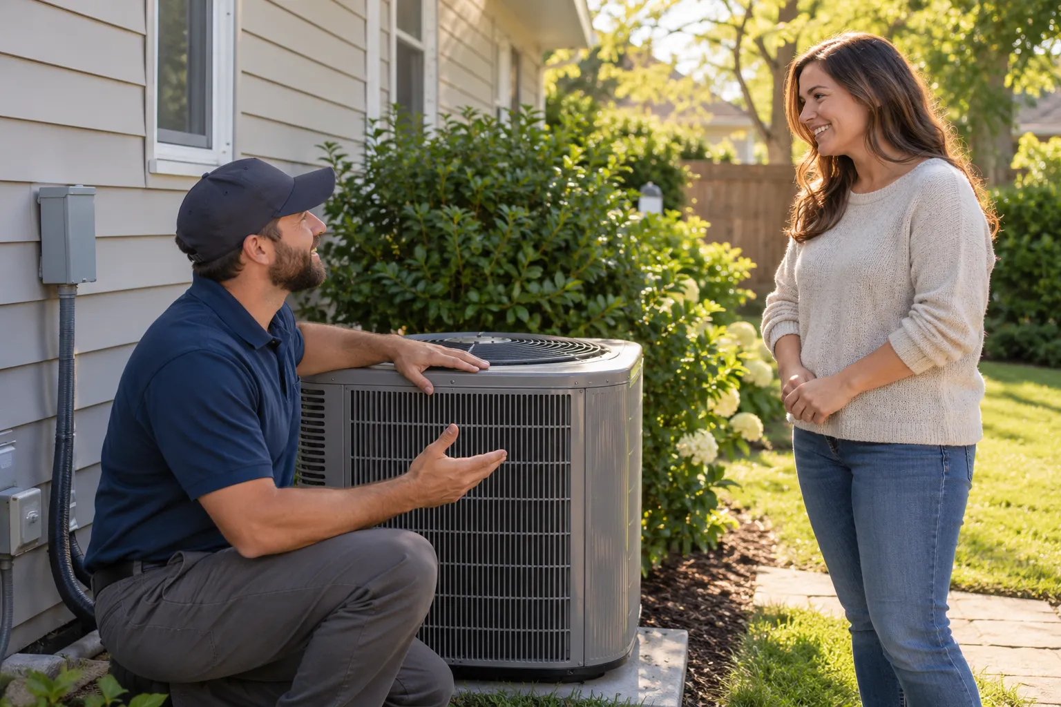 A friendly homeowner talking with an HVAC provider beside an outdoor air conditioner in Akron
